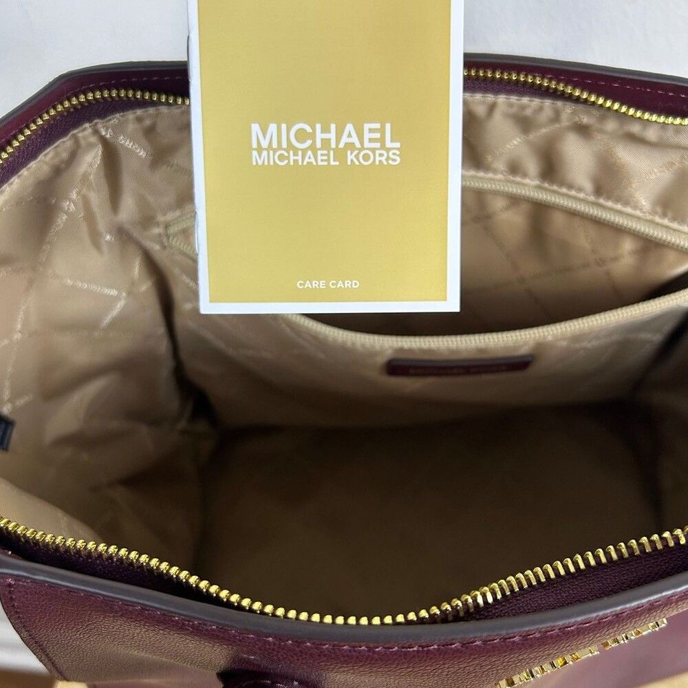 Michael Kors Tote Bag Womens Burgundy Pebbled Leather Suede Gold Hardware - Picture 9 of 12